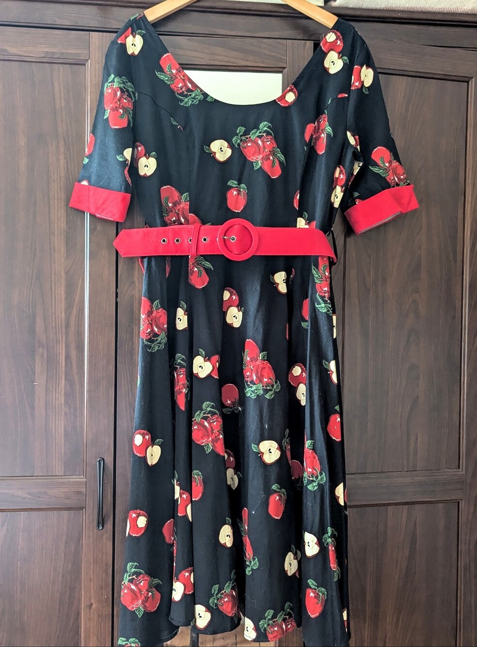 Collectif Black Swing Dress Red Apple Print Red Belt Cotton Short Sleeve Size 14